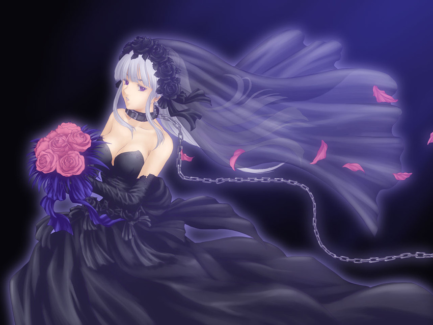 black_dress black_flower black_gloves black_rose bouquet breasts bride chains cleavage collar commentary_request dark_bride dress earrings elbow_gloves female flower gloves iga_tomoteru jewelry large_breasts original red_flower red_rose rose solo train_(clothing) wedding_dress