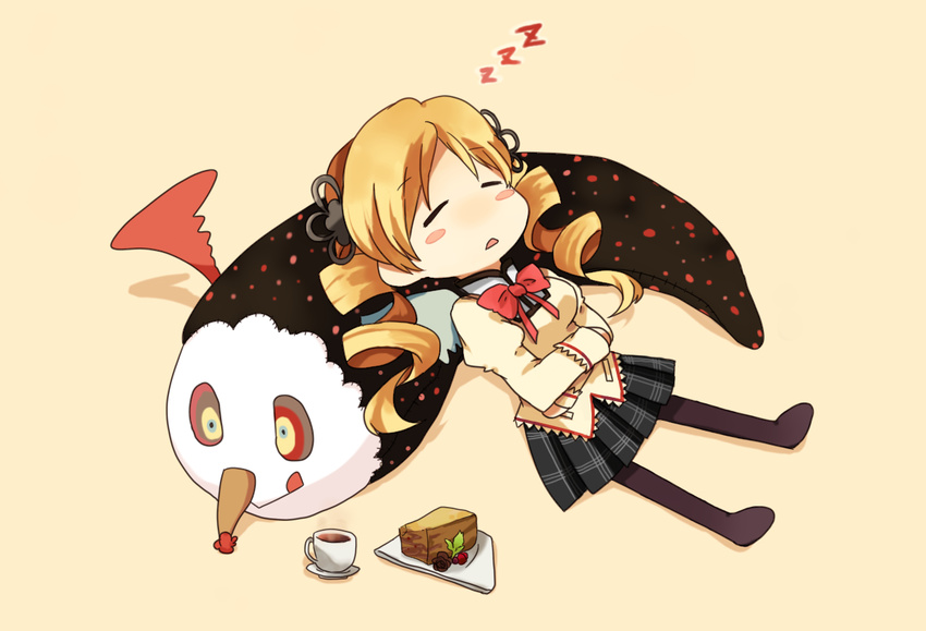 bad_id bad_pixiv_id blonde_hair blush_stickers bow cake charlotte_(madoka_magica) chibi closed_eyes commentary_request cup drill_hair female food hair_ornament mahou_shoujo_madoka_magica mahou_shoujo_madoka_magica_(anime) mitakihara_school_uniform pantyhose pillow plaid plaid_skirt pleated_skirt school_uniform skirt sleeping solo teacup tomoe_mami tomoyami tongue