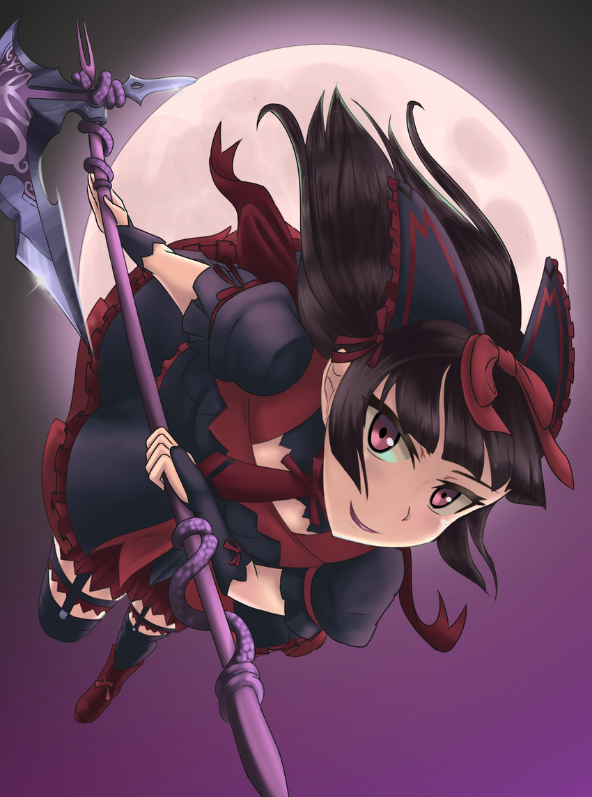 absurdres bad_id bad_pixiv_id black_hair black_thighhighs colorized commentary_request female frills full_moon gate_-_jieitai_ka_no_chi_nite_kaku_tatakaeri gothic_lolita hair_ribbon halberd highres lolita_fashion long_hair moon polearm red_eyes ribbon rory_mercury smile solo thighhighs weapon zen_cross