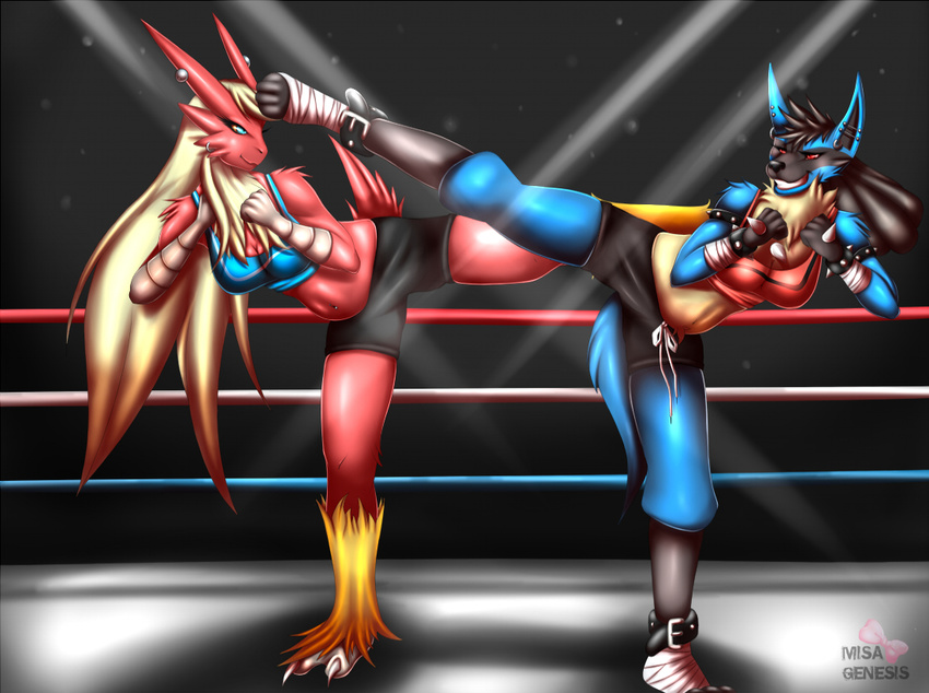 anthro avian bandage blaziken blue_eyes bottomwear bra breasts canid canine claws cleavage clothed clothing duo ear_piercing fan_character female fight fighting_ring generation_3_pokemon generation_4_pokemon grin industrial_piercing karate kick kickboxing lucario mammal maxi navel navel_piercing neck_tuft neonyx nintendo piercing pokemon pokemon_(species) practice rachel_(tabra) raised_leg red_eyes shorts simple_background smile sport sports_bra spotlight spread_legs spreading toe_claws tuft underwear yellow_sclera