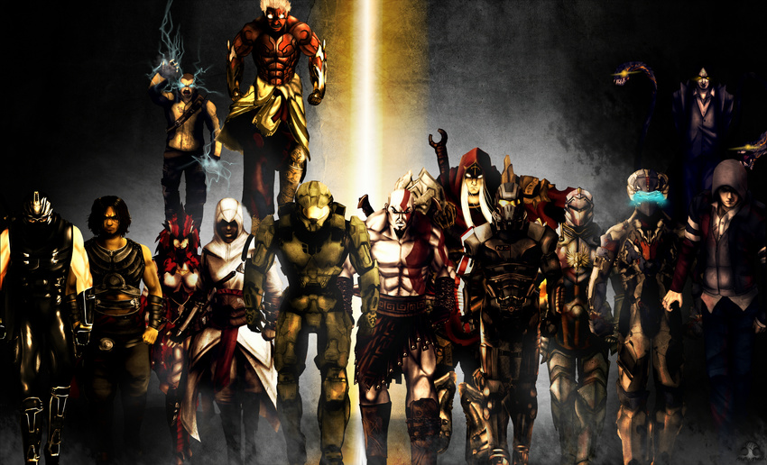 6+boys absurdres alex_mercer altair_ibn_la-ahad annotated aquarim armor assassin's_creed assassin's_creed_(series) assault_visor asura's_wrath asura_(asura's_wrath) cole_macgrath commander_shepard commander_shepard_(male) crossover darksiders dead_space dragon_age dragon_age:_origins female full_armor god_of_war grey_warden halo_(series) highres infamous isaac_clarke jackie_estacado kratos_(god_of_war) mass_effect_(series) master_chief monster_hunter_(character) monster_hunter_(series) multiple_boys multiple_crossover n7_armor ninja_gaiden paint.net_(medium) prince_(sands_of_time) prince_of_persia prototype_(game) rathalos_(armor) ryu_hayabusa spartan_(halo) the_darkness the_darkness_(character) war_(darksiders)