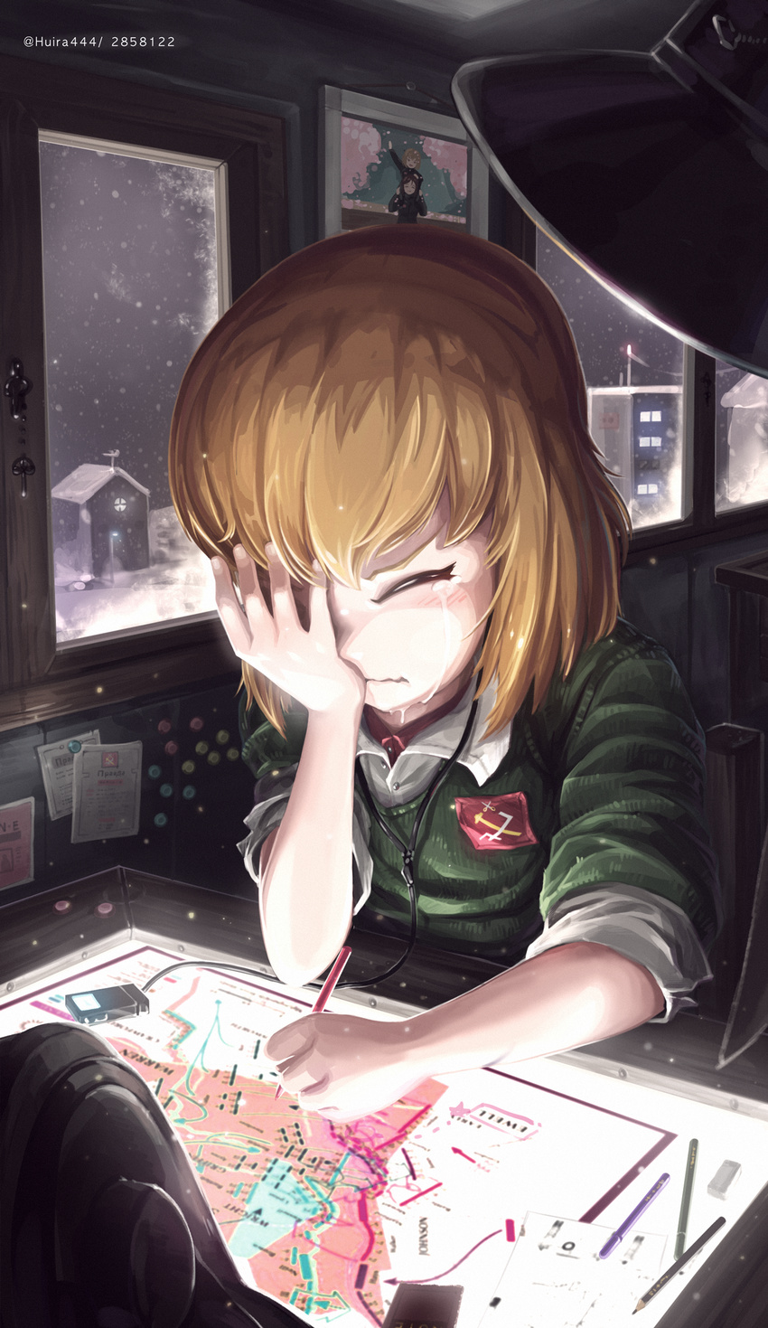 absurdres alternate_costume building check_commentary closed_mouth commentary commentary_request crying cyrillic day digital_media_player drawing_(object) dress_shirt emblem face_in_hands female frown girls_und_panzer green_sweater hand_on_own_face helmet highres holding huira444 indoors katyusha_(girls_und_panzer) korean_commentary lamp map night nonna_(girls_und_panzer) pencil pravda_(emblem) red_shirt russian_text sad shirt short_hair sitting sleeves_rolled_up snow sobbing solo sweater tank_helmet tears translated twitter_username wavy_mouth white_shirt