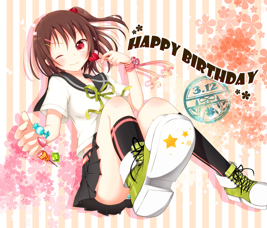 bad_id bad_pixiv_id borrowed_character brown_hair candy female food goma_(11zihisin) hair_bobbles hair_ornament hairclip highres kneehighs lollipop morinaga_koeda one_eye_closed original panties photoshop_(medium) red_eyes ribbon school_uniform shoes side_ponytail skirt sneakers socks solo striped_clothes striped_panties underwear upskirt wrist_ribbon