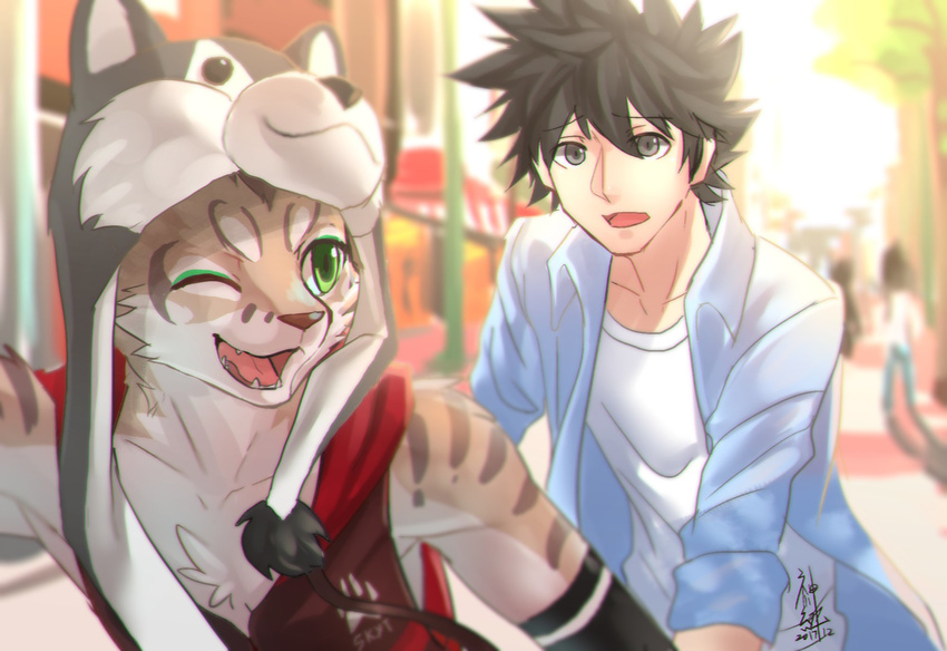 akiya-kamikawa clothing countershading duo_focus felid feline green_eyes grey_eyes group hat headgear headwear hi_res human leopard_cat male mammal nekojishi one_eye_closed outside prionailurus shu-chi sleeveless_hoodie smile stripes studio_klondike tian-liao_lin wink