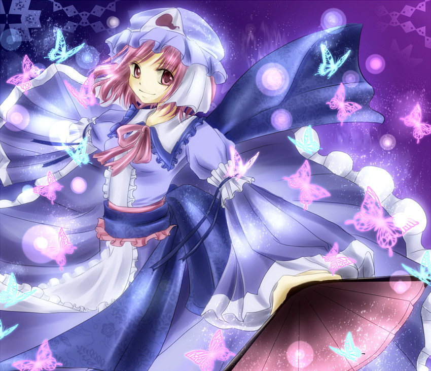 bug butterfly commentary_request dress female frills hand_fan hat pink_eyes pink_hair rikkunia saigyouji_yuyuko smile solo touhou