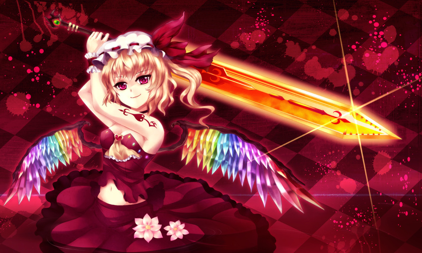 alternate_wings blonde_hair breasts checkered cleavage commentary_request female flandre_scarlet flower greave_(asterism) hat laevatein_(touhou) midriff rainbow_order red_eyes short_hair side_ponytail small_breasts solo strapless sword tattoo touhou tube_top weapon wings