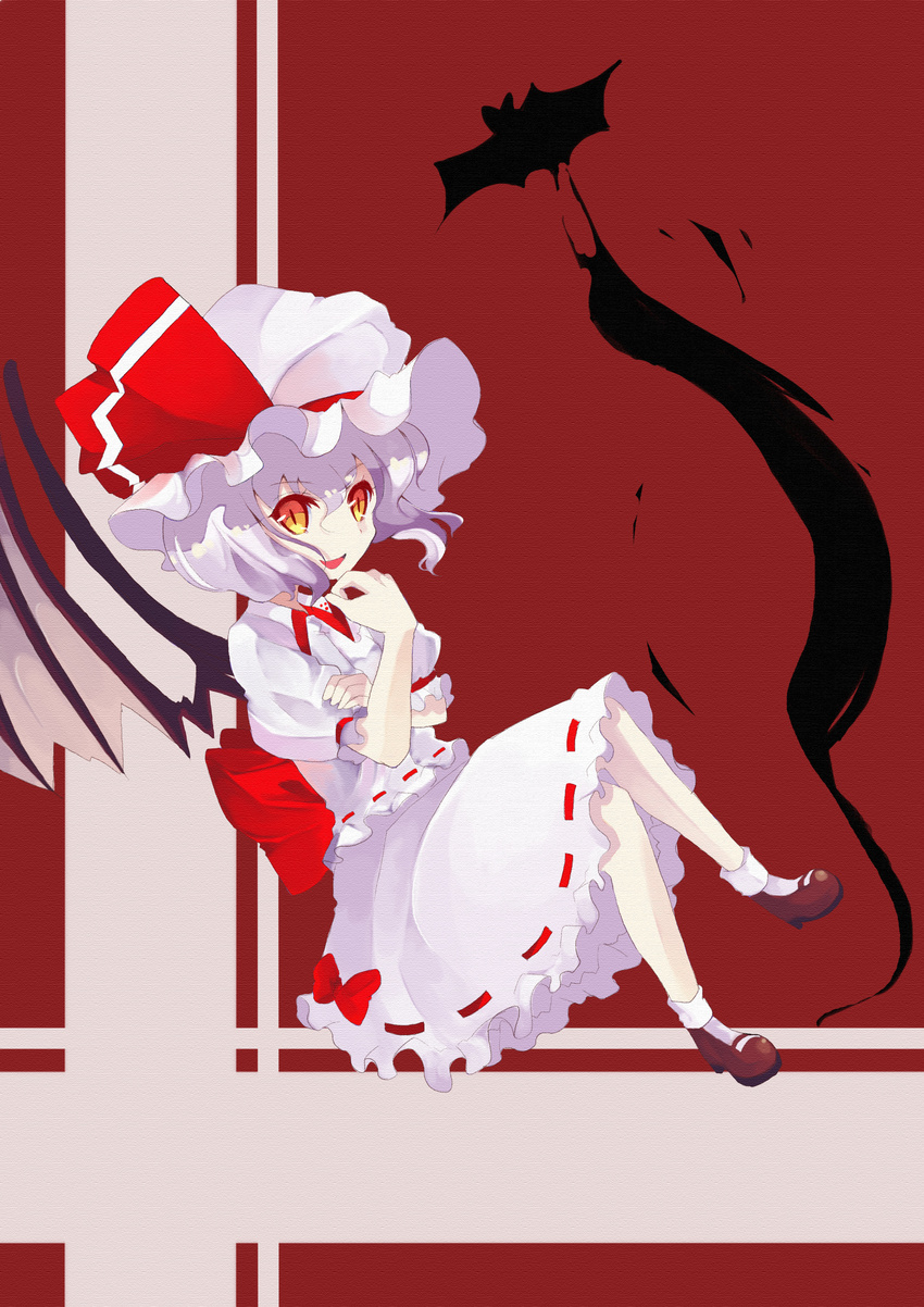 absurdres bat_(animal) bat_wings blue_hair commentary_request crossed_arms crossed_legs female hat head_rest hidejiu highres open_mouth photoshop_(medium) red_eyes remilia_scarlet short_hair sitting smile solo touhou wings