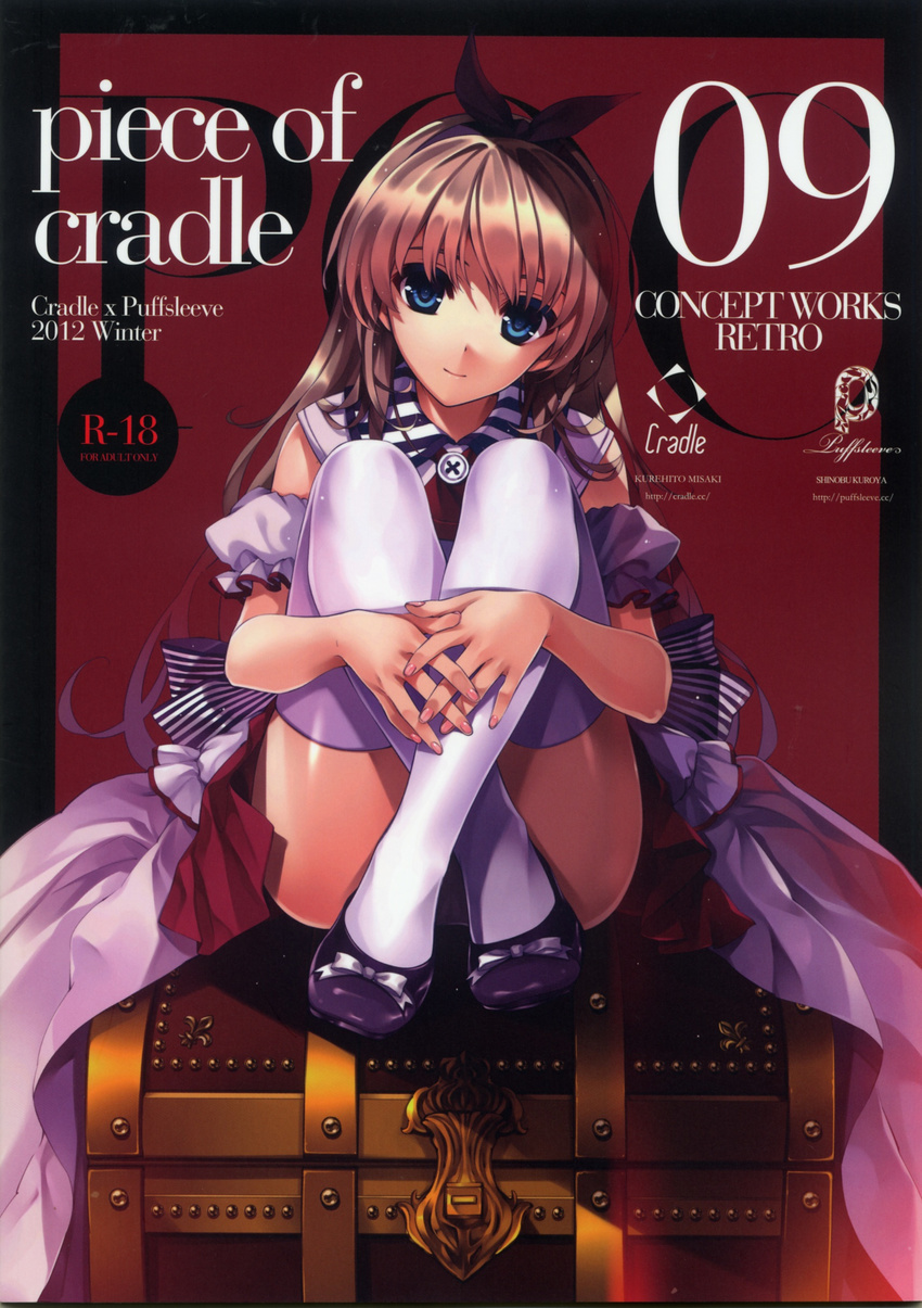 absurdres blue_eyes brown_hair cover cover_page cradle_(circle) dress female hair_ribbon highres hugging_own_legs long_hair magazine_cover misaki_kurehito nail_polish original ribbon shoes sitting skirt smile solo thighhighs treasure_chest white_thighhighs