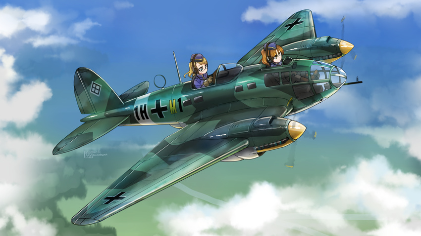 2girls above_clouds aircraft airplane artist_name aviator_girls balkenkreuz blonde_hair blue_eyes blue_sky boots brown_eyes brown_hair camouflage cloud commentary cross dated day flying garrison_cap glasses hat he_111 headphones highres iron_cross jacket landscape light_smile long_hair looking_to_the_side military military_uniform multiple_girls original propeller signature sky tokihama_jirou uniform vehicle_focus world_war_ii