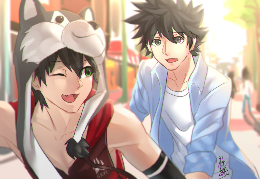 akiya-kamikawa clothing green_eyes grey_eyes hat headgear headwear hi_res human human_only mammal nekojishi not_furry one_eye_closed outside shu-chi sleeveless_hoodie smile studio_klondike tian-liao_lin wink