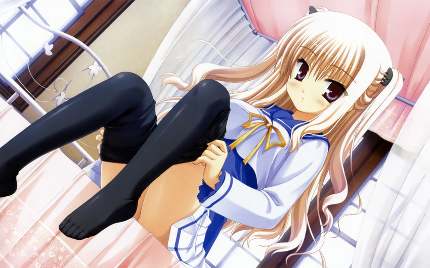 absurdres bed blonde_hair bra-ban! clothes_pull curtains feet female hibarigaoka_yuki highres long_hair mole mole_under_eye muririn pantyhose pantyhose_pull purple_eyes school_uniform serafuku sitting solo undressing window