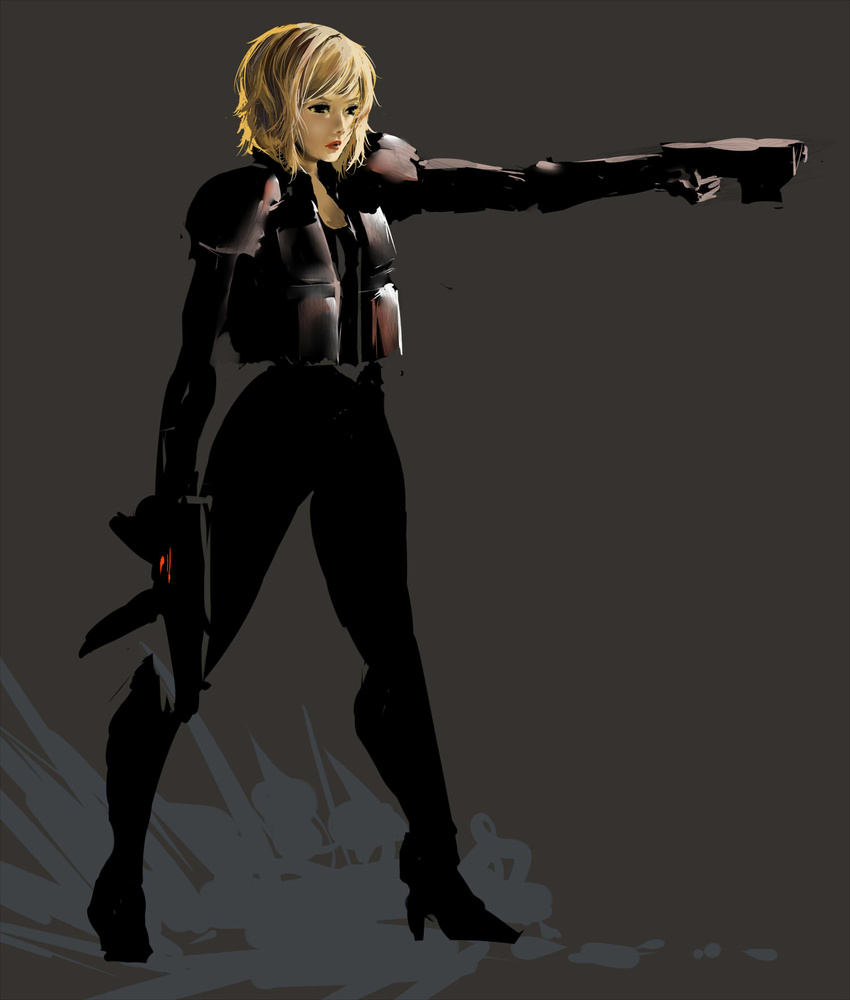 2000_ad armor bad_id bad_pixiv_id black_eyes blonde_hair bob_cut dredd empty_eyes female gun high_heels highres inactive_account joon_(joonkim) judge judge_anderson lawgiver lips machine_gun police science_fiction shoes shoulder_pads solo uniform vest weapon