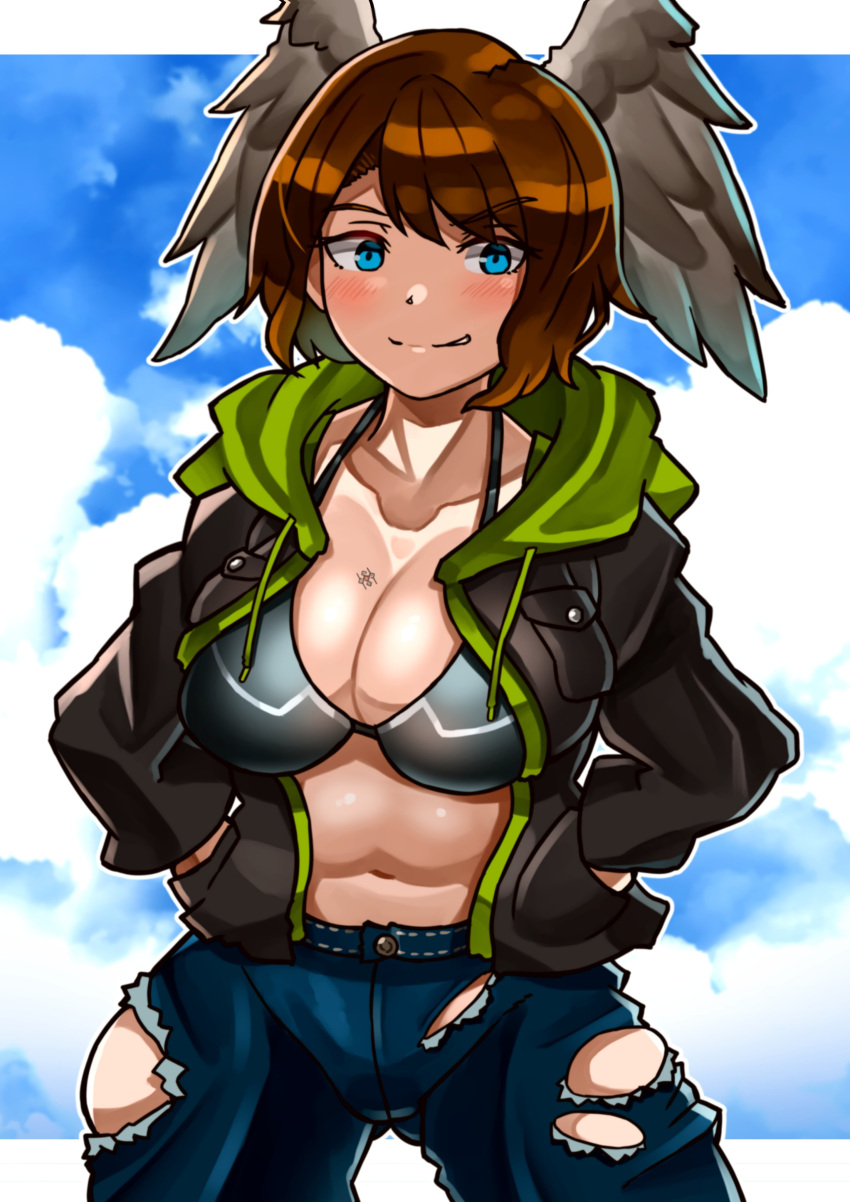 absurdres bikini black_bikini black_choker black_jacket blue_eyes breast_tattoo breasts brown_hair choker cleavage denim eunie_(xenoblade) female head_wings highres hood jacket jeans large_breasts long_hair looking_at_viewer oniisan02b open_clothes open_jacket pants short_hair solo swimsuit tattoo white_wings wings xenoblade_chronicles_(series) xenoblade_chronicles_3