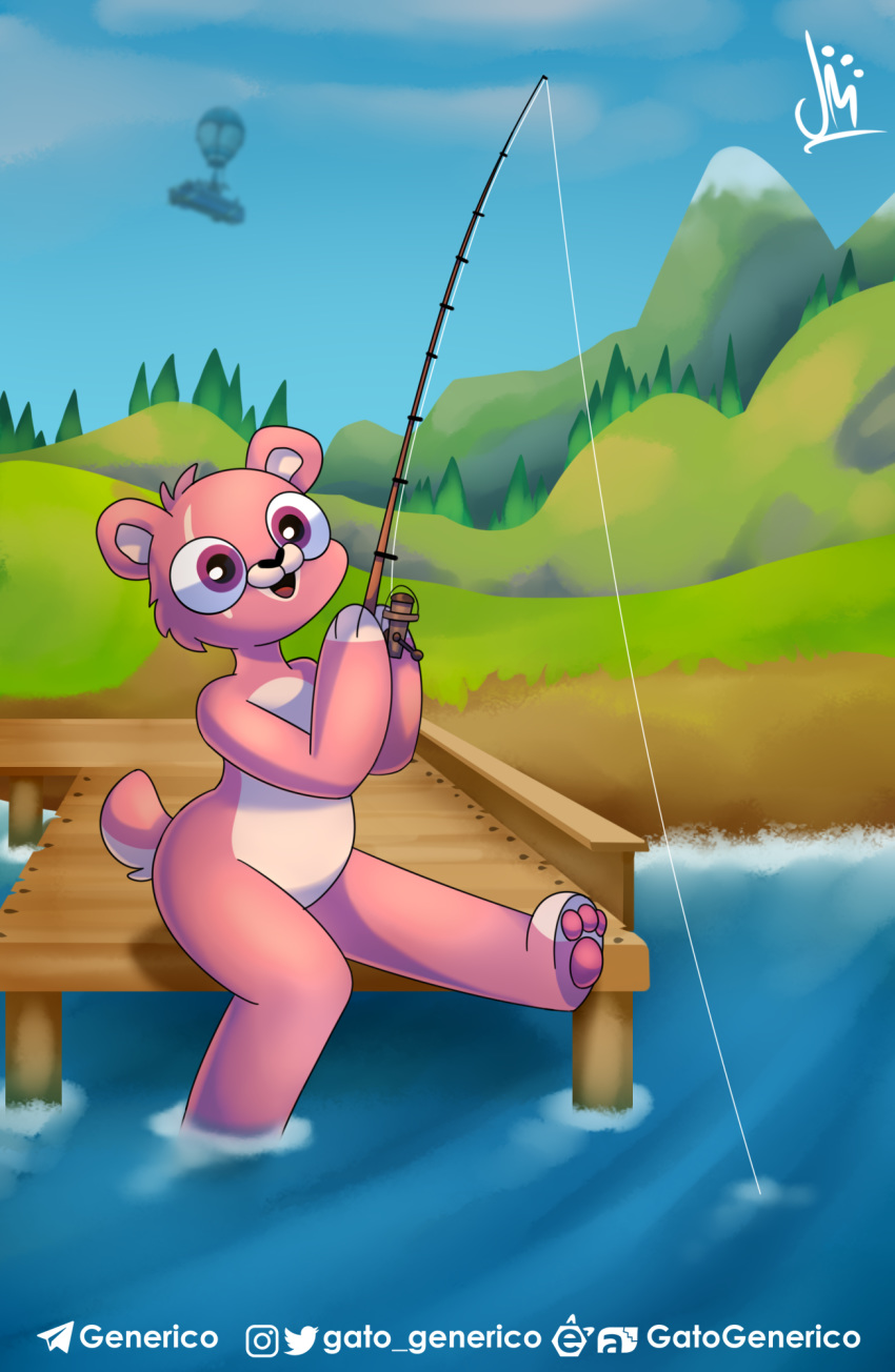 2019 alternate_species anthro beach bear black_nose cuddle_team_leader digital_media_(artwork) epic_games female fishing fortnite full-length_portrait fur furrification gatogenerico hi_res mammal outside pink_body pink_fur portrait river seaside smile solo tongue water white_body white_fur