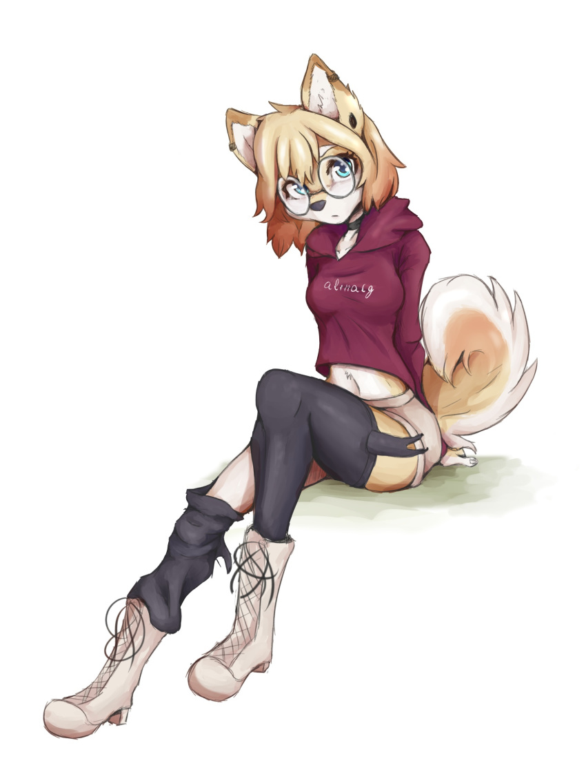 anthro arm_support aska_(anakoluth) black_nose blue_eyes boots bottomwear breasts brown_body brown_fur brown_hair canid canine canis choker clothing curled_tail domestic_dog ear_piercing eyebrows eyewear female footwear fur gauged_ear glasses hair hands_behind_back hi_res hoodie jewelry legwear looking_at_viewer mammal necklace piercing shiba_inu short_hair shorts simple_background sitting solo spitz strawberry_blonde tail text text_on_clothing text_on_hoodie text_on_topwear thigh_highs tinygaypirate topwear white_background white_body white_eyebrows white_fur