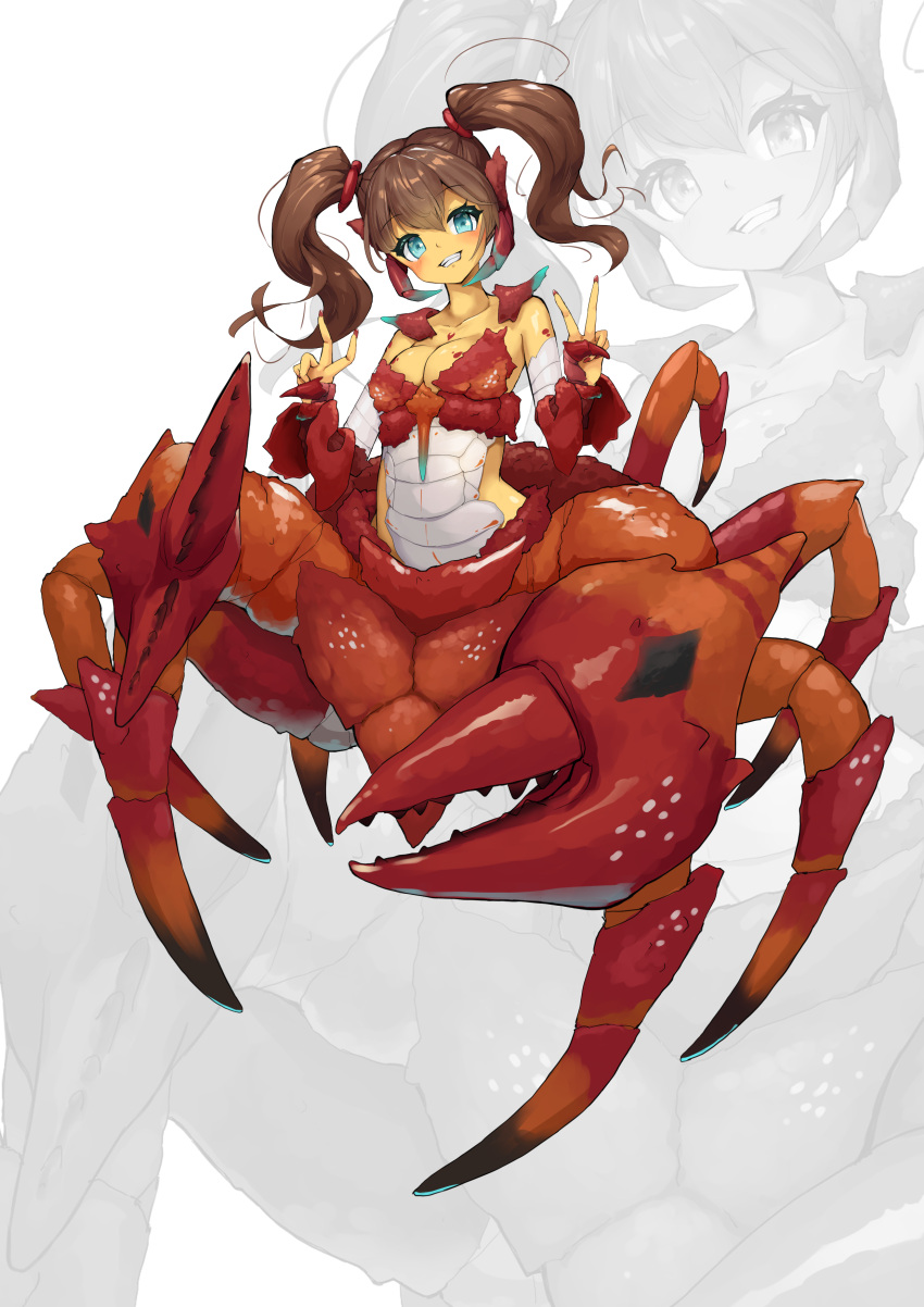 absurdres arthropod_girl arthropod_limbs bare_shoulders blue_eyes blush breasts brown_hair carapace claws cleavage collarbone commentary_request crab_claw crab_girl double_v female full_body grin hair_between_eyes hands_up head_tilt highres long_hair looking_at_viewer medium_breasts midriff monster_girl original pincers red_nails shitoi_(aqua1487) sidelocks smile solo standing taur teeth twintails v white_background zoom_layer