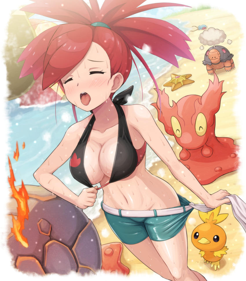 absurdres bare_legs bare_shoulders beach bikini bikini_pull bikini_top_only blush breasts cleavage closed_eyes clothes_pull clothes_tug collarbone commentary female flannery_(pokemon) green_shorts groudon hair_tie highres holding hot long_hair magcargo medium_breasts navel open_mouth pokemoa pokemon pokemon_(creature) pokemon_oras ponytail primal_groudon shiny_skin shorts shorts_pull slugma staryu steam stomach sweat swept_bangs swimsuit teeth tentacool thighs tied_hair tongue tongue_out torchic torkoal very_sweaty walking water wet