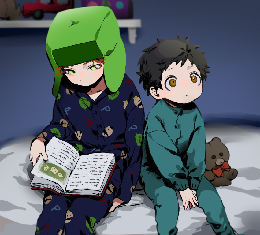 2boys animification bed black_hair book brothers brown_eyes fur_hat green_eyes hat highres holding holding_book ike_broflovski jiz_(pffbq) kyle_broflovski male_focus multiple_boys open_book pajamas red_hair short_hair siblings sitting south_park stuffed_animal stuffed_toy teddy_bear ushanka