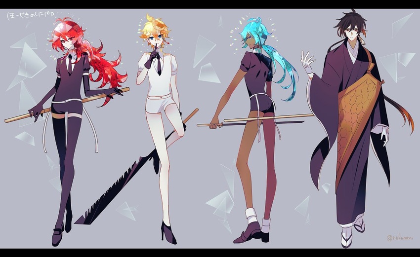 4boys antarcticite antarcticite_(cosplay) bald belt black_gloves black_hair black_legwear black_necktie blue_eyes blue_hair collared_shirt commentary_request cosplay crystal_hair diluc_(genshin_impact) earrings elbow_gloves finger_to_mouth from_behind full_body gem_uniform_(houseki_no_kuni) genshin_impact gloves gradient_hair high_heels hiki_yuichi holding holding_sheath holding_sword holding_weapon houseki_no_kuni japanese_clothes jewelry kaeya_(genshin_impact) kesa kongou_sensei kongou_sensei_(cosplay) long_hair looking_at_viewer male_focus multicolored_hair multiple_boys necktie orange_hair red_eyes red_hair robe serrated_knife sheath sheathed shirt shoes short_hair short_sleeves shorts shushing single_earring slippers smile standing sword tartaglia_(genshin_impact) tassel tassel_earrings translation_request weapon white_gloves white_shirt zhongli_(genshin_impact)