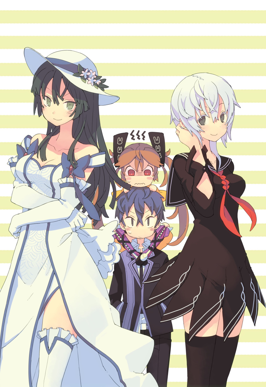 1boy 3girls absurdres aihara_enju alternate_eye_color angry annoyed bare_shoulders black_bullet black_dress black_jacket black_pants black_sailor_collar black_thighhighs blazer blue_bow blue_hair blush blush_stickers boots bow breasts bright_pupils brooch brown_hair carrying character_request check_character cleavage closed_mouth collarbone commentary_request constricted_pupils cosplay costume_switch cowboy_shot cross-laced_footwear crossed_arms crossed_bangs dress elbow_gloves flower gloves green_eyes grey_eyes hair_between_eyes hand_in_own_hair hat hat_flower height_difference highres hime_cut jacket jewelry knee_boots long_hair long_sleeves looking_at_another looking_at_viewer medium_breasts medium_hair morino_hon multiple_girls neckerchief off-shoulder_dress off_shoulder on_head pants pelvic_curtain person_on_head purple_footwear red_eyes red_neckerchief sailor_collar sailor_dress satomi_rentarou school_uniform seigaiha seitenshi_(black_bullet) shaded_face shoulder_carry simple_background sitting_on_shoulder smile striped striped_background tendou_kisara thighhighs tucking_hair wavy_mouth white_dress white_headwear white_pupils yellow_background |_|