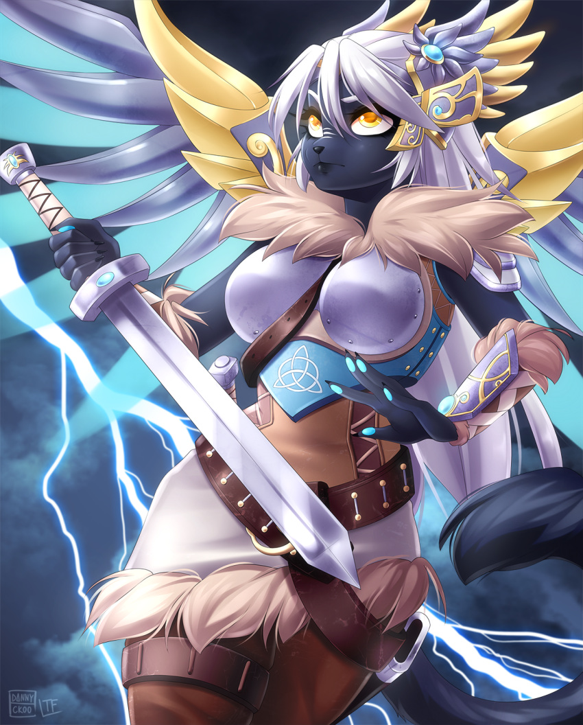 2019 anthro armor belt black_body black_fur blizzard_entertainment boob_armor breastplate breasts cosplay dannyckoo domestic_cat electricity energy_wings felid feline felis female fur hair hi_res holding_melee_weapon holding_object holding_sword holding_weapon lightning mammal mechanical_wings melee_weapon mercy_(overwatch) metal_wings overwatch solo sword tresertf vambrace weapon white_hair wings yellow_eyes