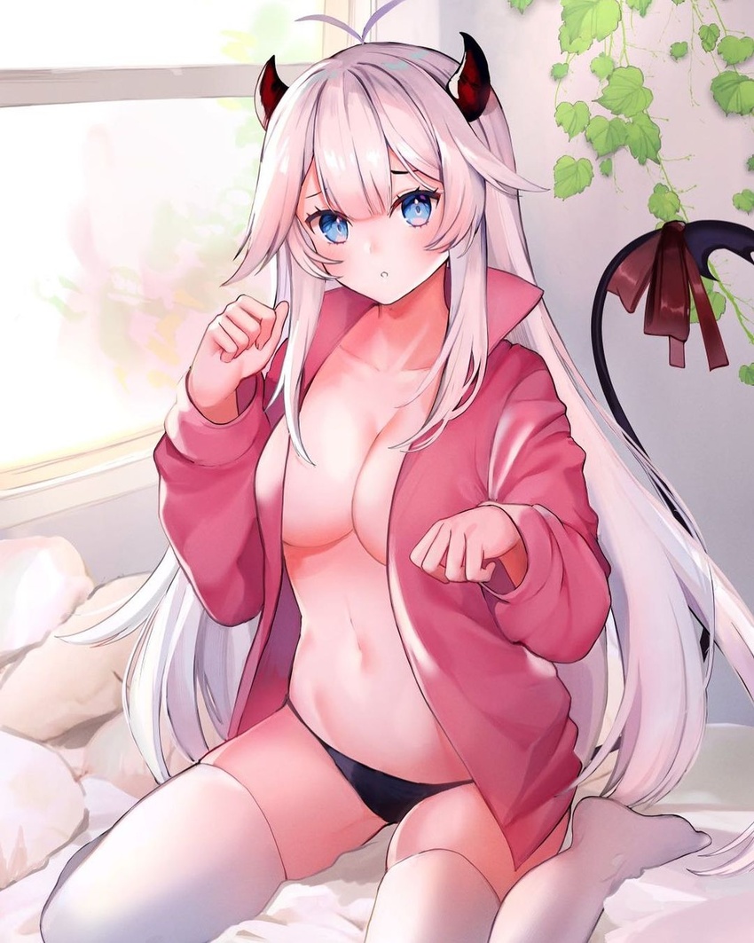 antenna_hair black_panties blue_eyes breasts cleavage collarbone commentary demon_horns demon_tail female frown hand_up highres horns jacket long_hair long_sleeves looking_at_viewer medium_breasts navel no_bra no_shoes open_clothes open_jacket panties parted_lips pink_jacket ribbon sitting solo stomach string_panties tail tail_ornament tail_raised tail_ribbon thighhighs thighs underwear vei_(vtuber) vei_(vtuber)_(1st_costume) very_long_hair virtual_youtuber vshojo wariza white_hair white_thighhighs yuniiho