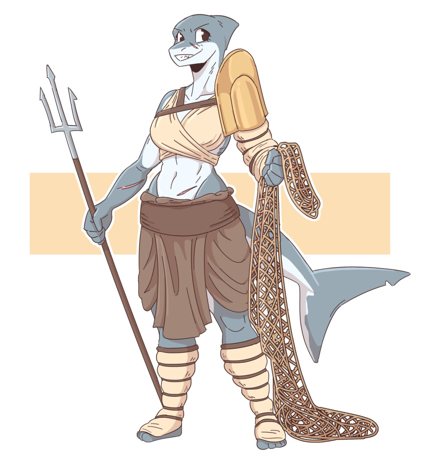 2019 5_fingers anthro armor bottomwear clothed clothing digital_media_(artwork) female fingers fish gladiator gladiatrix hi_res holding_net holding_object holding_weapon marine melee_weapon net polearm ranged_weapon retiarius scar shark simple_background slightlysimian solo throw_net topwear trident warrior weapon white_background