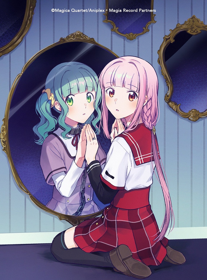 2girls aniplex belt belt_buckle belt_collar black_belt black_thighhighs blunt_bangs braid brown_footwear buckle chains collar commentary_request different_reflection floor fuji_fujino full_body futaba_sana green_eyes green_hair hair_ornament hair_scrunchie hand_on_glass hands_up high-waist_skirt high_collar highres indoors jewelry kamihama_university_affiliated_school_uniform layered_sleeves light_blush loafers long_hair long_sleeves looking_at_viewer looking_back magia_record:_mahou_shoujo_madoka_magica_gaiden mahou_shoujo_madoka_magica mirror mizuna_girls'_academy_school_uniform multiple_girls neck_ribbon official_art over-kneehighs parted_bangs pink_hair plaid plaid_skirt pleated_skirt purple_shirt purple_skirt red_ribbon red_sailor_collar red_skirt reflection restrained ribbon ring sailor_collar school_uniform scrunchie serafuku shadow shirt shoe_soles shoes short_over_long_sleeves short_sleeves sidelocks single_braid sitting skirt straight_hair tamaki_iroha thighhighs twintails very_long_hair wallpaper_(object) wavy_hair white_shirt wide-eyed yellow_scrunchie zettai_ryouiki