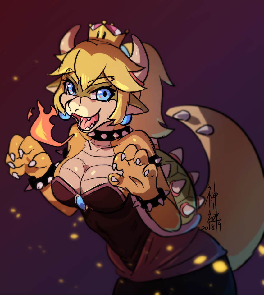 absurd_res akiya-kamikawa anthro blonde_hair blue_eyes breasts breath_powers clothing collar_ring crown elemental_manipulation female fire fire_breathing fire_manipulation green_body green_scales hair hat headgear headwear hi_res horn koopa looking_at_viewer mario_bros meme nintendo princess_koopa princess_peach scales scalie simple_background solo spikes super_crown