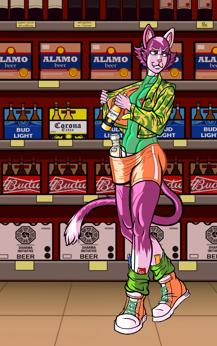 absurd_res alcohol anthro ass athletic athletic_male athletic_wear beer beverage bottomwear camo camo_print candy clothed clothing convenience_store crossed_legs dessert domestic_cat english_text eyebrows felid feline felis femboy food footwear frankie_donnelly gopher_chucks grocery_store gym_bottomwear gym_shorts hi_res hotpants jacket leg_warmers legwear leotard long_legs looking_back male mammal open_clothing open_jacket open_topwear purple_body raised_eyebrow shelf shoes shoplifting shorts smile sneakers solo stealing store text tight_clothing topwear