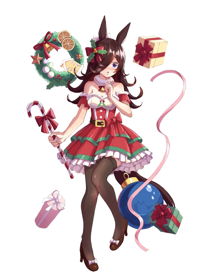 animal_ears bare_shoulders bell belt black_belt black_footwear black_hair black_thighhighs bow candy candy_cane cane christmas christmas_ornaments commentary dress female food footwear_bow frilled_dress frills full_body fur_collar gift hair_ornament hair_over_one_eye hairbow high_heels highres holding holding_cane holly_hair_ornament horse_ears horse_girl layered_dress light_frown long_hair looking_at_viewer natsuki_(digretking) neck_bell off-shoulder_dress off_shoulder open_mouth purple_eyes red_bow rice_shower_(umamusume) short_dress simple_background solo star_ornament thighhighs umamusume white_background wreath