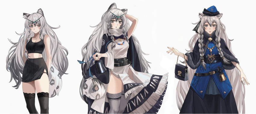 3girls animal_ears arknights arm_up arms_behind_back bag bare_arms bare_shoulders bell black_cape black_capelet black_skirt black_tank_top black_thighhighs blue_headwear blue_shirt blush braid breasts cape capelet crop_top dress feet_out_of_frame grey_background grey_eyes grey_hair grey_legwear hair_between_eyes handbag highres holding holding_bell leopard_ears leopard_tail long_hair looking_at_viewer medium_breasts midriff miniskirt multiple_girls multiple_persona no_navel official_alternate_costume pelvic_curtain pencil_skirt pigeon_(wejil) pramanix_(arknights) pramanix_(caster's_frost)_(arknights) shirt simple_background skirt skirt_set standing tail tank_top thighhighs thighs turtleneck turtleneck_dress twin_braids very_long_hair white_dress zettai_ryouiki