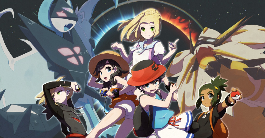 2girls 3boys backpack bag beast_ball black_eyes black_hair black_shirt blonde_hair blue_shirt boater_hat braid brown_headwear camisole closed_mouth commentary dark_skin elio_(pokemon) from_behind gladion_(pokemon) green_eyes harper_(pokemon) heal_ball highres holding holding_poke_ball index_finger_raised leaning_forward lillie_(pokemon) long_hair looking_at_viewer looking_back low_twintails medium_hair miu_(miuuu_721) multiple_boys multiple_girls necrozma necrozma_(dawn_wings) necrozma_(dusk_mane) open_mouth poke_ball poke_ball_(basic) pokemon pokemon_usum red_headwear selene_(pokemon) shirt short_shorts short_sleeves shorts sky sleeveless sleeveless_shirt standing star_(sky) starry_sky tank_top topknot twin_braids twintails ultra_ball watch white_shirt white_shorts wristwatch yellow_shirt z-ring