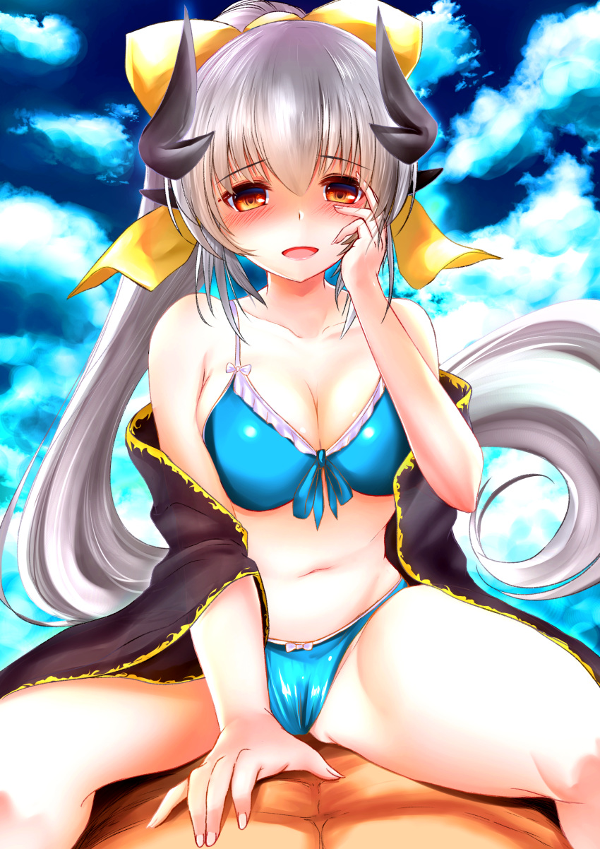 :d absurdres bare_shoulders bikini blue_bikini blush bow breasts cleavage cloud collarbone dragon_girl dragon_horns fate/grand_order fate_(series) female grey_hair hand_on_own_face highres horns izumikuu kiyohime_(fate) kiyohime_(swimsuit_lancer)_(fate) kiyohime_(swimsuit_lancer)_(third_ascension)_(fate) large_breasts long_hair looking_at_viewer md5_mismatch midriff multiple_horns navel open_mouth orange_eyes ponytail smile solo_focus straddling straight swimsuit very_long_hair yellow_bow