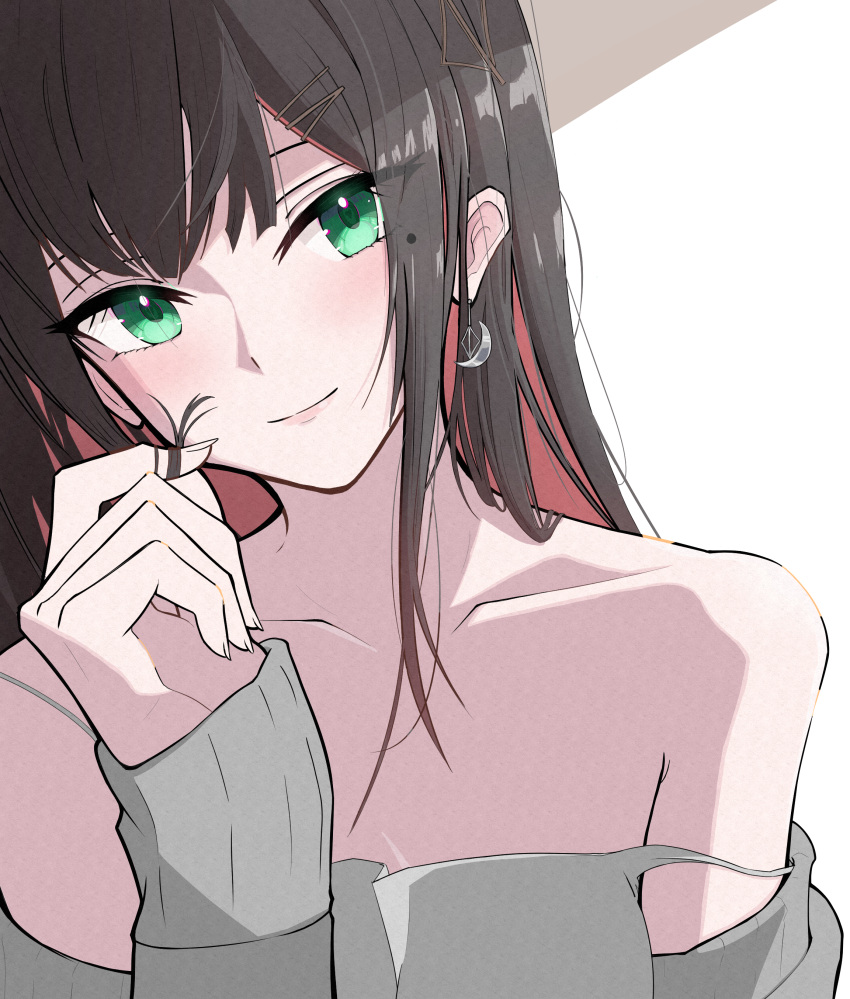 absurdres bare_shoulders black_hair brown_hair camisole collarbone colored_inner_hair crescent crescent_earrings diamond-shaped_pupils diamond_(shape) earrings eyes_visible_through_hair female green_eyes grey_camisole grey_sweater hair_ornament hairclip head_tilt heart heart-shaped_pupils highres hizuki_yui jewelry light_blush light_smile long_hair mole mole_under_eye multicolored_hair neo-porte off_shoulder portrait red_hair shade sidelocks simple_background sleeves_past_wrists solo sweater symbol-shaped_pupils tokisaka_makoto twirling_hair virtual_youtuber