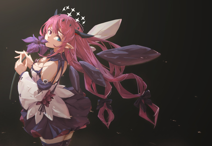 absurdres bare_shoulders biting black_background blue_eyes breasts cleavage cowboy_shot crystal_wings dress earrings female flower from_side halo heterochromia highres holding holding_flower hololive hololive_english horns iris_(flower) irys_(hololive) irys_(irys_2.0)_(hololive) jewelry large_breasts long_hair looking_at_viewer looking_back mouth_hold name_connection object_namesake petal_in_mouth pleated_skirt pointy_ears purple_eyes purple_flower purple_hair short_dress simple_background skirt solo swept_bangs very_long_hair virtual_youtuber wide_sleeves yui_wang_77 zettai_ryouiki