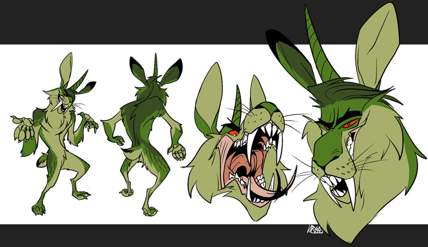 anthro claws digital_media_(artwork) eyebrows forked_tongue fur green_body green_fur haifisch_ehrlich hair horn lagomorph leporid male mammal open_mouth rabbit red_sclera solo teeth tongue tongue_out