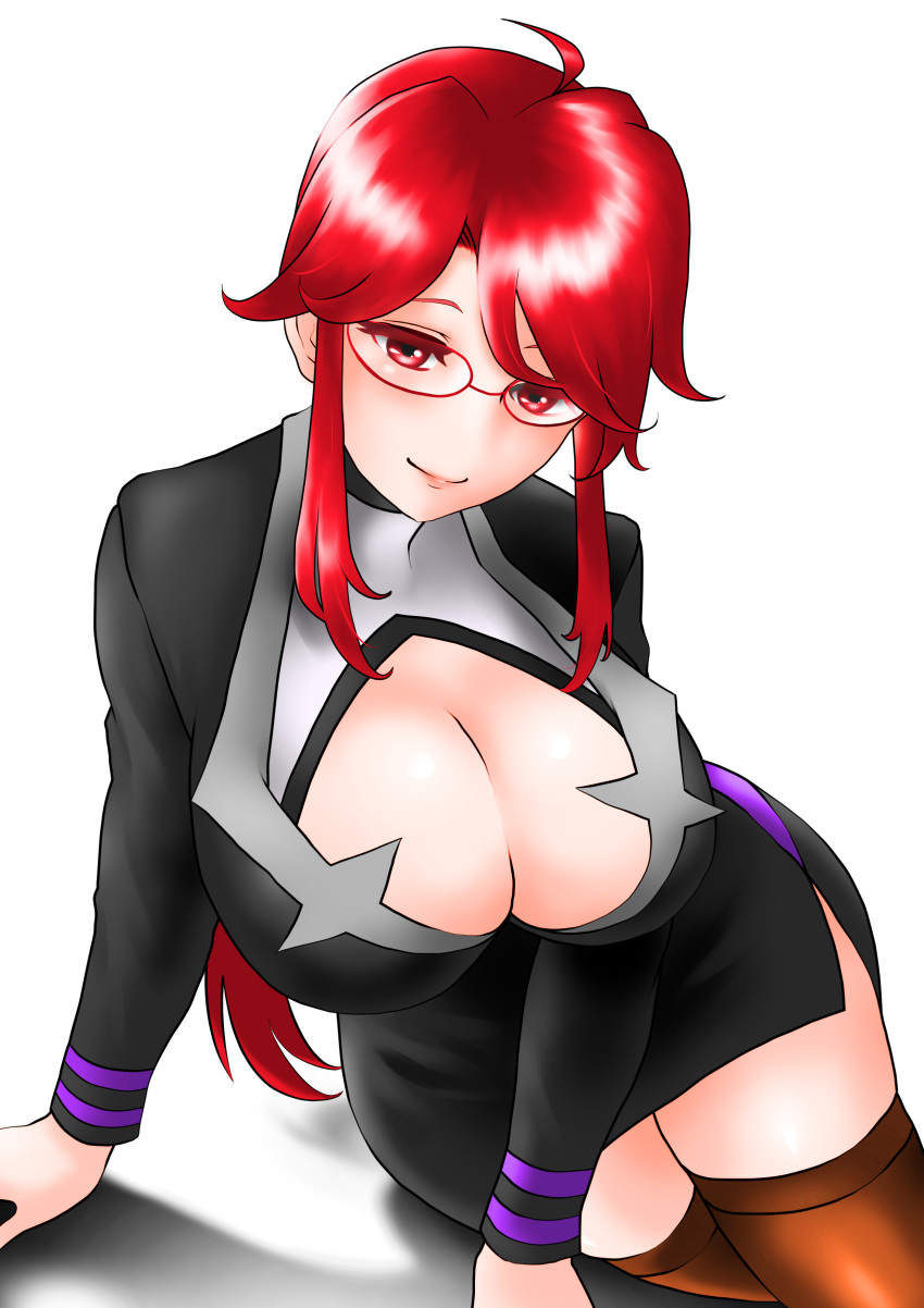 absurdres ahoge alternate_legwear arm_support black_suit breasts brown_thighhighs cleavage cleavage_cutout clothing_cutout female formal glasses highres large_breasts long_sleeves lorelei_(pokemon) pokemon pokemon_lgpe ponytail red_eyes red_hair sidelocks solo suit thighhighs toba_tsutsumi turtleneck