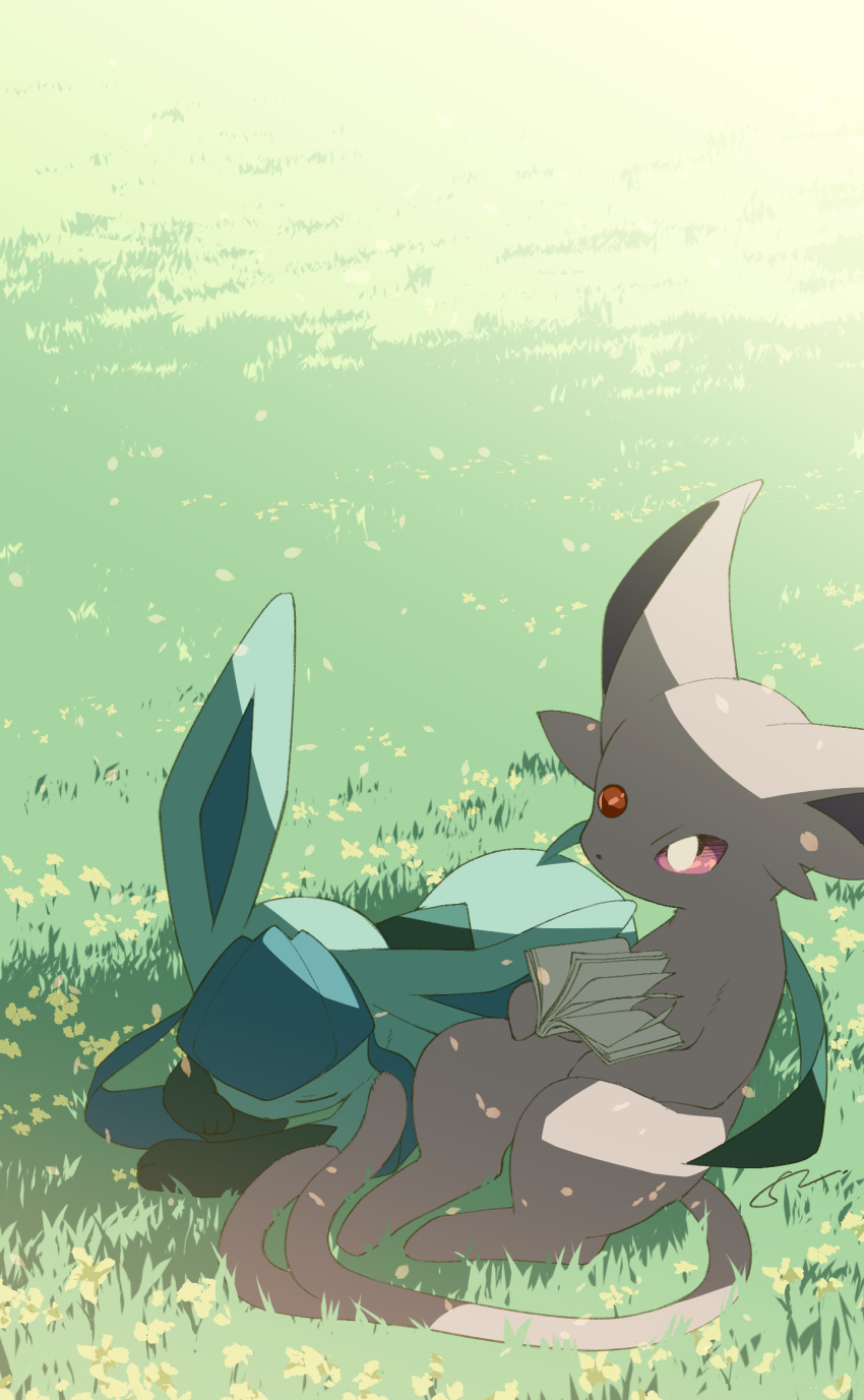 bad_id bad_pixiv_id closed_eyes commentary_request day espeon flower glaceon grass highres hime_takeo holding lying no_humans on_stomach outdoors pokemon pokemon_(creature) purple_eyes sleeping yellow_flower