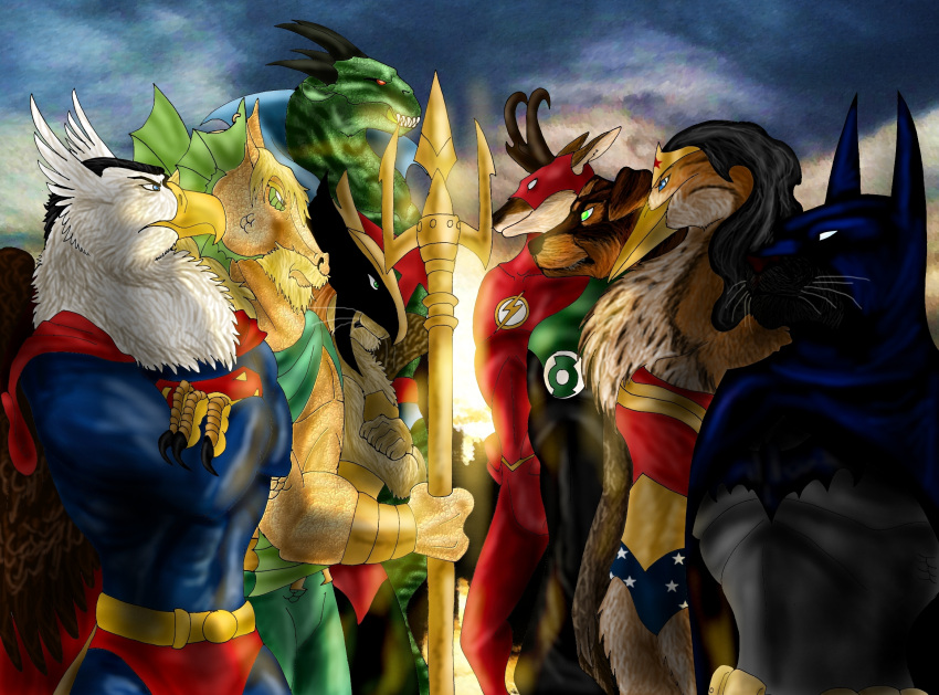 alien antelope anthro aquaman aquaman_(copyright) avian batman batman_(series) beak bird black_body black_fur black_hair blonde_hair blue_eyes bovid brown_body brown_feathers brown_fur brown_scales canid canine canis clothed clothing dc_comics dcau domestic_dog dragonlordrynn feathers felid female fish fur green_body green_eyes green_lantern_(series) green_scales group gryphon hair hawkgirl heron hi_res holding_object holding_weapon hybrid john_stewart justice_league justice_league_unlimited leopard lion male mammal marine martian_manhunter mask mastiff molosser mythological_avian mythological_creature mythology pantherine pelecaniform pronghorn red_eyes reptile rottweiler scales scalie seahorse superhero superman superman_(series) syngnathid syngnathiform the_flash the_flash_(series) wally_west_(dc) weapon white_body white_feathers wonder_woman wonder_woman_(series) yellow_beak