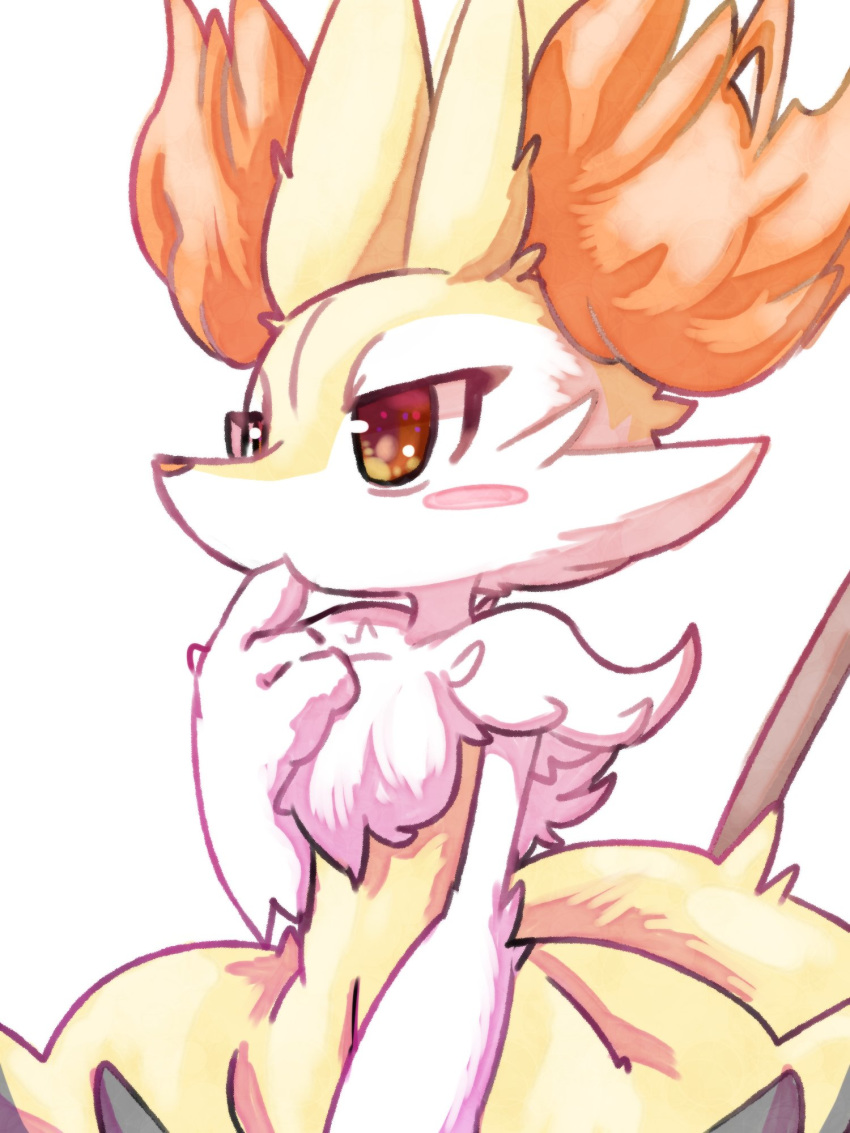 2018 3:4 anthro blush braixen chest_tuft female finger_fetish finger_in_mouth finger_play finger_suck fingers fur generation_6_pokemon hi_res inner_ear_fluff multicolored_body multicolored_fur navel nintendo nyaswitchnya pokemon pokemon_(species) simple_background solo stick sucking tuft white_background