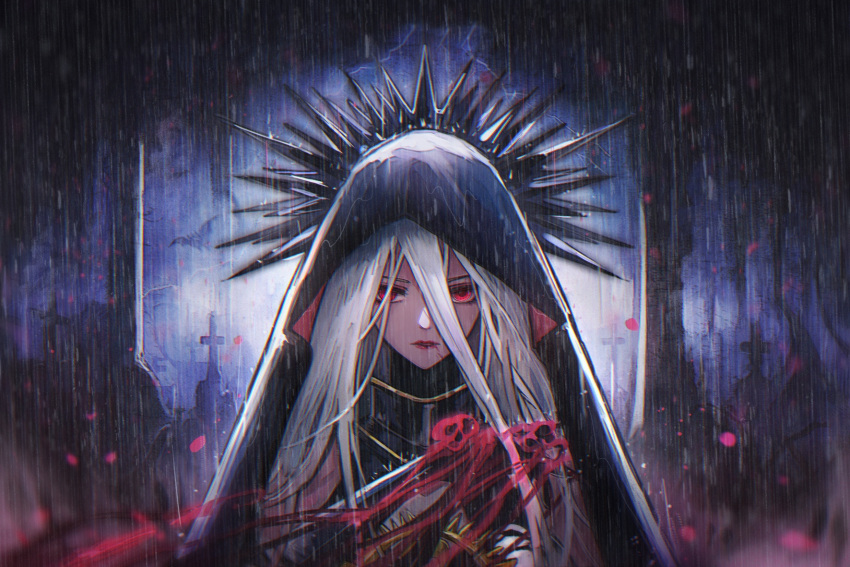 cross dark_templar_(dungeon_and_fighter) dungeon_and_fighter female_slayer_(dungeon_and_fighter) highres hood long_hair looking_at_viewer mizupein rain red_eyes red_lips tombstone white_hair