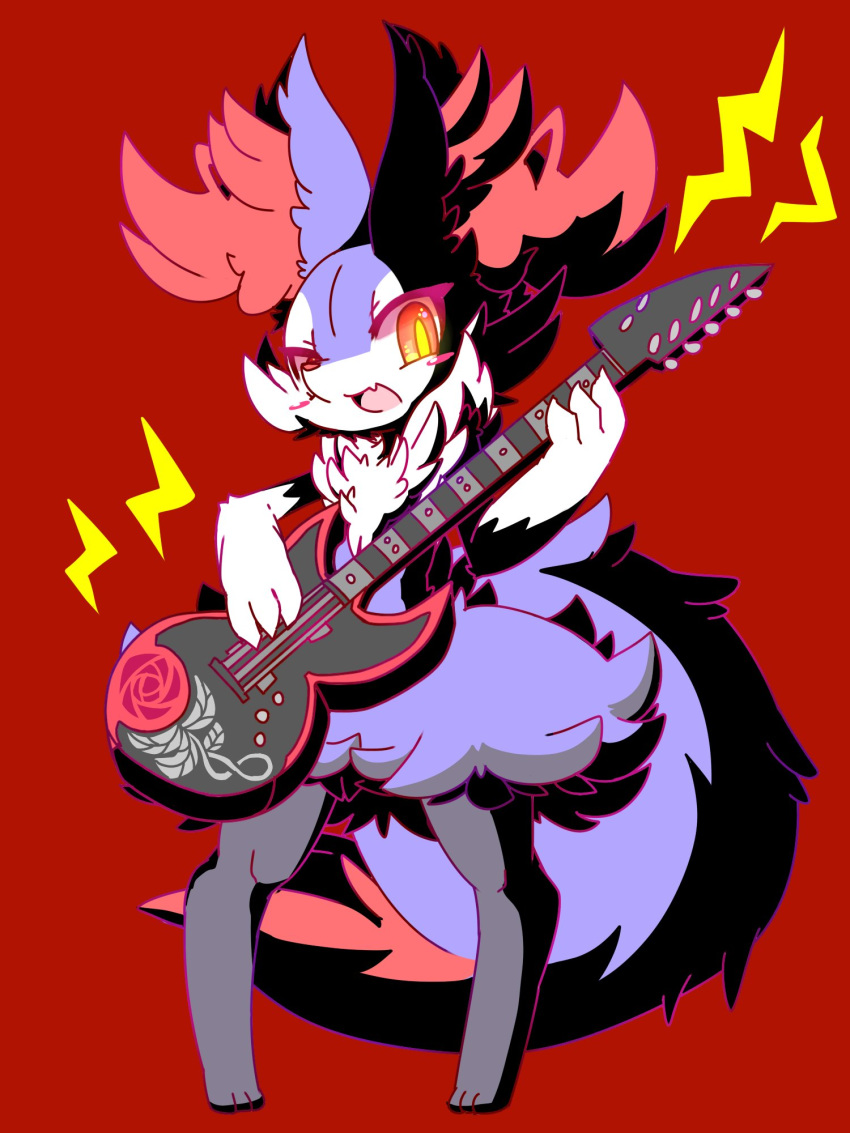 2018 3:4 3_toes 7-string_guitar anthro blush braixen chest_tuft dipstick_tail feet front_view fur generation_6_pokemon glowing glowing_eyes guitar hi_res inner_ear_fluff markings multicolored_body multicolored_fur multicolored_tail music musical_instrument nintendo nyaswitchnya open_mouth playing_guitar playing_music plucked_string_instrument pokemon pokemon_(species) red_background shiny_pokemon simple_background solo standing string_instrument tail tail_markings toes tuft