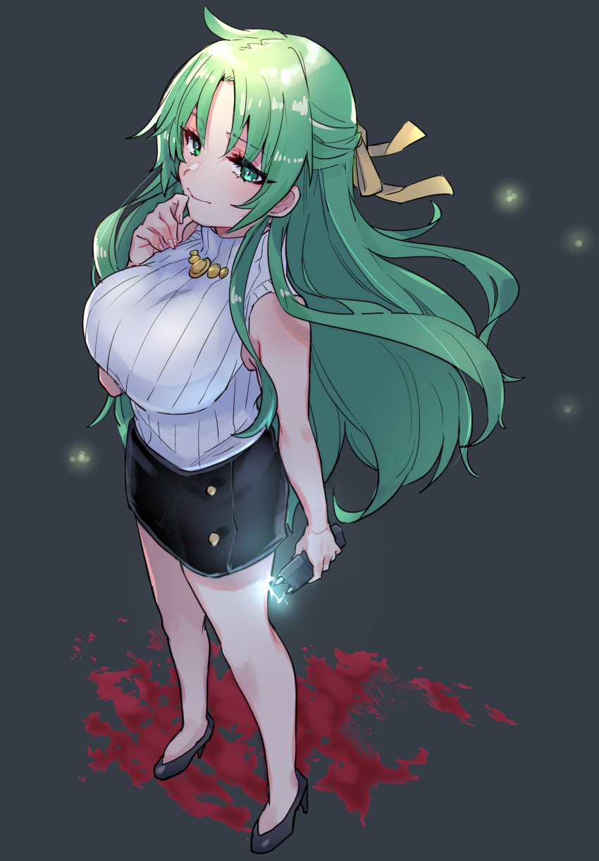 arm_at_side bare_arms bare_legs black_footwear black_skirt blood blood_splatter breasts closed_mouth commentary female fingernails floating_hair from_above full_body green_eyes green_hair grey_background hair_ribbon half_updo hand_up high_heels highres higurashi_no_naku_koro_ni holding large_breasts legs_apart long_hair manami_(fearfac666) miniskirt pencil_skirt ribbed_sweater ribbon shoes sideways_glance skirt sleeveless sleeveless_sweater solo sonozaki_shion standing stun_gun sweater turtleneck turtleneck_sweater very_long_hair white_sweater yellow_ribbon