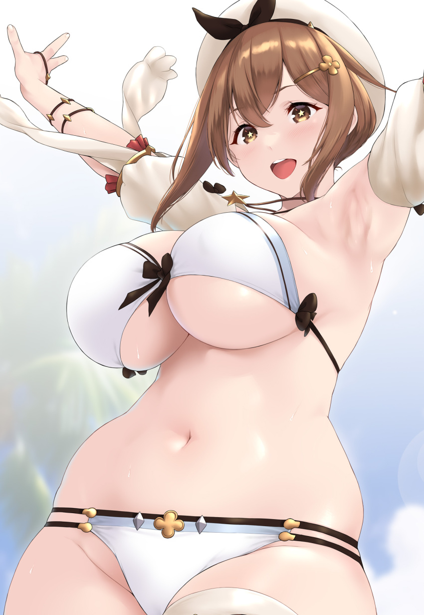 armpits arms_up atelier_(series) atelier_ryza atelier_ryza_1 bare_shoulders beret bikini black_ribbon blush breasts brown_eyes brown_hair cleavage female hair_ornament hairclip hat highres jewelry kemigawa_mondo large_breasts looking_at_viewer navel necklace open_mouth reisalin_stout ribbon short_hair smile solo star-shaped_pupils star_(symbol) star_necklace swimsuit symbol-shaped_pupils white_bikini white_hat