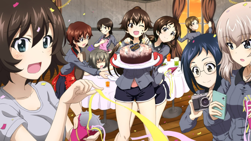 6+girls :d ;d =_= akaboshi_koume birthday_cake black_shorts black_skirt blue_eyes blue_hair brown_eyes brown_hair cake camera casual confetti dress_shirt food food_on_face geshiko_(girls_und_panzer) girls_und_panzer grey_eyes grey_hair grey_shirt hida_ema highres holding holding_camera holding_party_popper indoors iruma_anna itsumi_erika itsumi_erika's_gunner itsumi_erika's_loader katsuya_megu key_(gaigaigai123) kojima_emi kuromorimine_school_uniform low_twintails medium_hair multiple_girls one_eye_closed party_popper pleated_skirt ponytail school_uniform shirt short_hair shorts skirt smile t-shirt twintails very_short_hair wing_collar