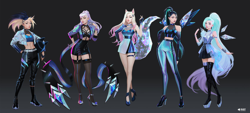 5girls absurdres ahri_(league_of_legends) akali blonde_hair clothing_request commentary crop_top dress earrings english_commentary english_text evelynn_(league_of_legends) grey_background high_heels highres jason_chan jewelry k/da_(league_of_legends) k/da_all_out_ahri k/da_all_out_akali k/da_all_out_evelynn k/da_all_out_kai'sa k/da_all_out_seraphine_superstar kai'sa league_of_legends lineup long_hair looking_at_viewer multiple_girls official_alternate_costume official_art seraphine_(league_of_legends) simple_background standing