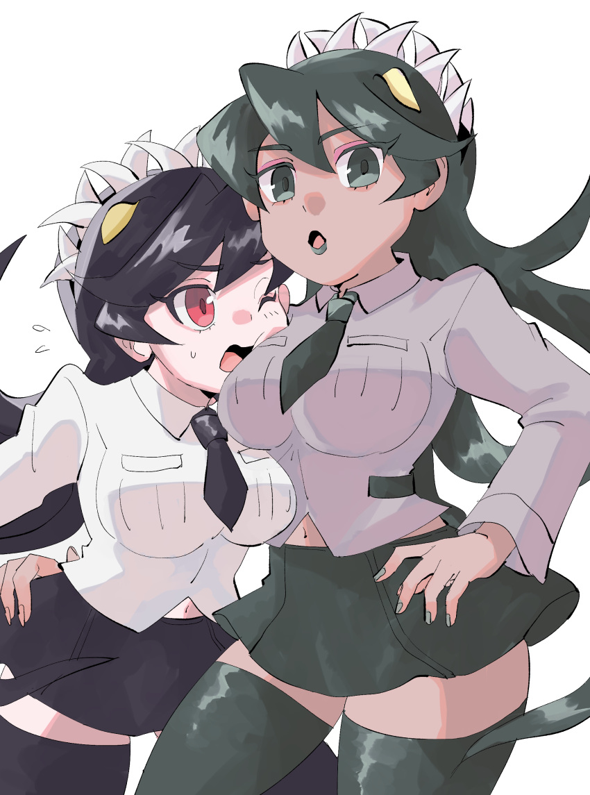 2girls absurdres black_hair breasts commentary_request filia_(skullgirls) fukua_(skullgirls) green_hair green_lips highres large_breasts multiple_girls necktie protected_link red_eyes shirt skirt skullgirls thighhighs white_shirt yzpnyzooo