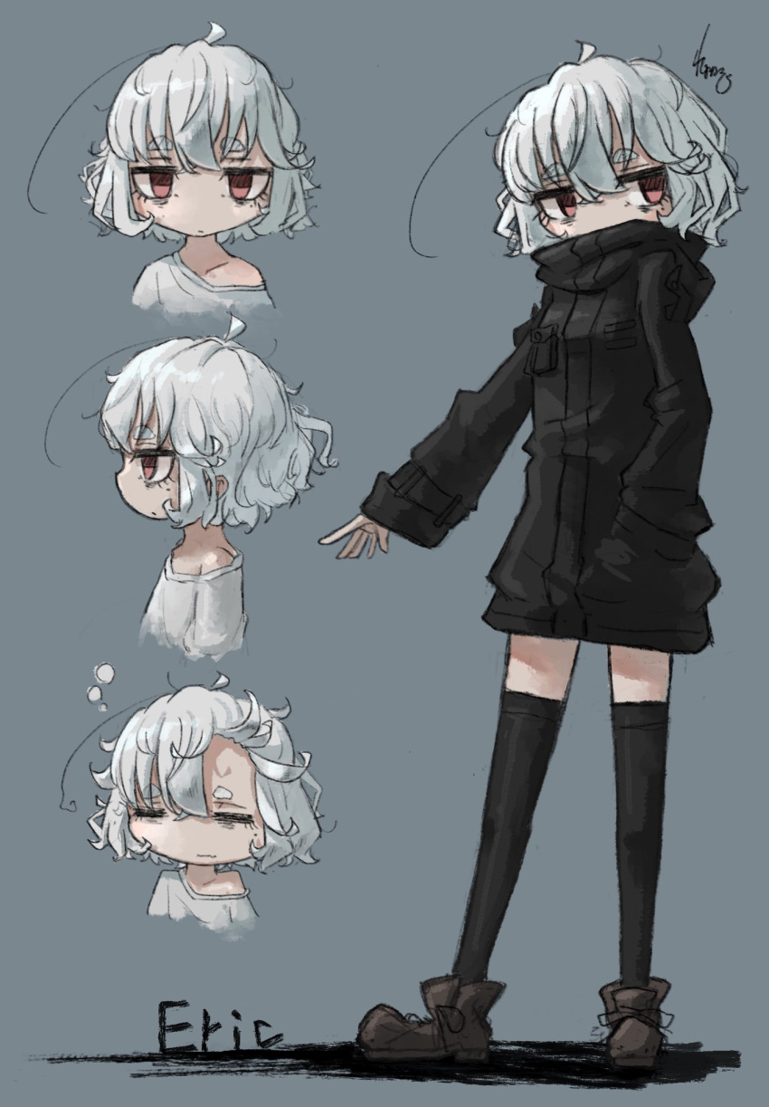 black_legwear black_sweater brown_eyes eric_(leoleonardk10) female full_body highres leoleonardk10 long_sleeves looking_at_viewer messy_hair multiple_views original ribbed_sweater short_hair sweater thighhighs turtleneck turtleneck_sweater white_hair