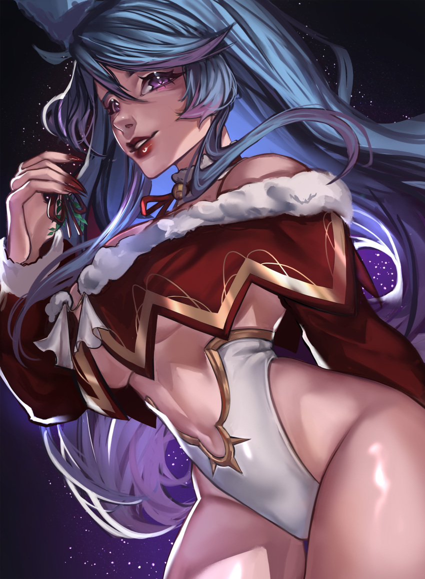 absurdres animal_ear_fluff animal_ears blue_eyes blue_hair breasts cleavage collar detached_sleeves english_commentary female frilled_collar frills fur-trimmed_sleeves fur_trim highres large_breasts leotard long_hair mistletoe multicolored_hair nail_polish navel pink_hair red_nails red_sleeves santa_leotard silvervale silvervale_(christmas_2022) strapless strapless_leotard streaked_hair suliavtuber swept_bangs underboob virtual_youtuber vshojo white_collar white_leotard wolf_ears wolf_girl